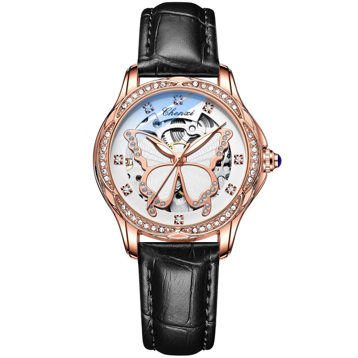 Rhinestone Embellished Hollow Butterfly Dial Automatic Watches