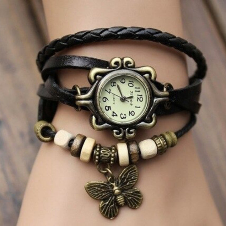 Vintage Style Wrap Around Vegan Leather Quartz Watches with Butterfly Charm