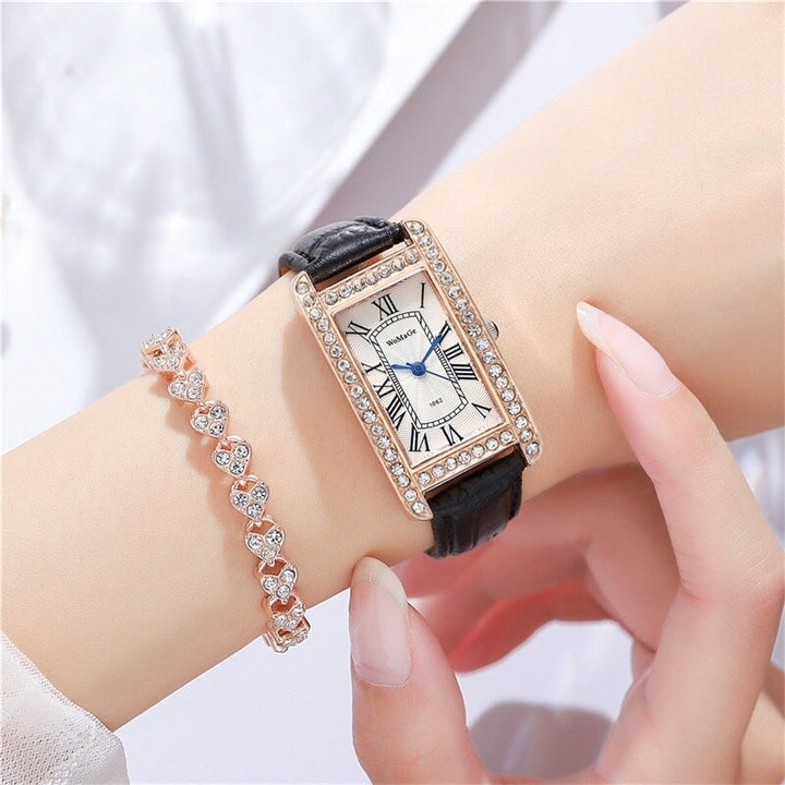 Retro-Chic Rhinestone Accented Vegan Leather Band Quartz Watches