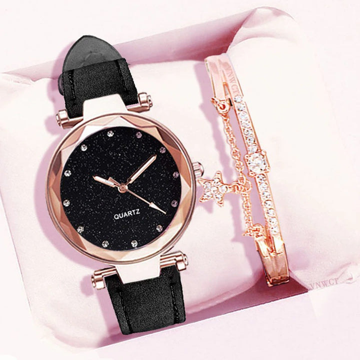 Glittering Starry Sky Fashion with Vegan Leather Strap Quartz Watches