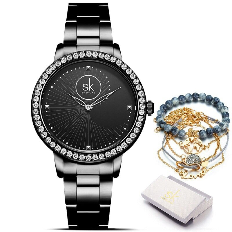 Women's Casual Rhinestone Embellished Conch Pattern Dial Quartz Watches
