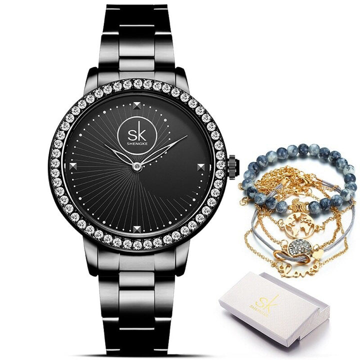 Women's Casual Rhinestone Embellished Conch Pattern Dial Quartz Watches