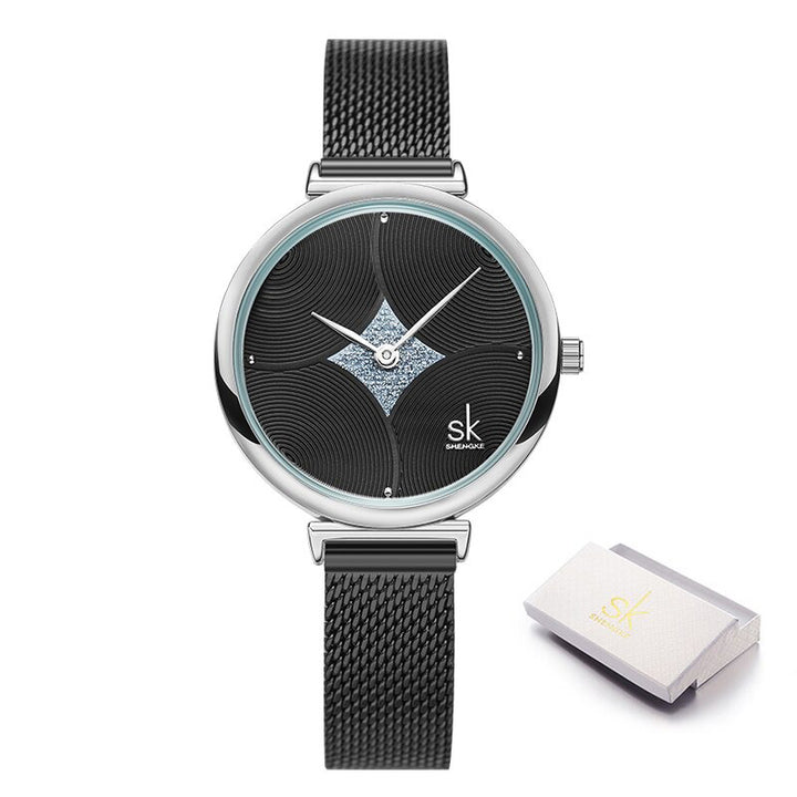 Delicate Curved Glitter Embellished Dial with Steel Mesh Strap Quartz Watches