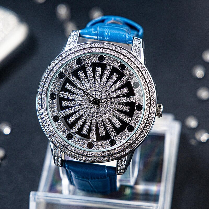 Dazzling Interstellar Rhinestone Bejeweled with Soft Vegan Leather Strap Quartz Watches