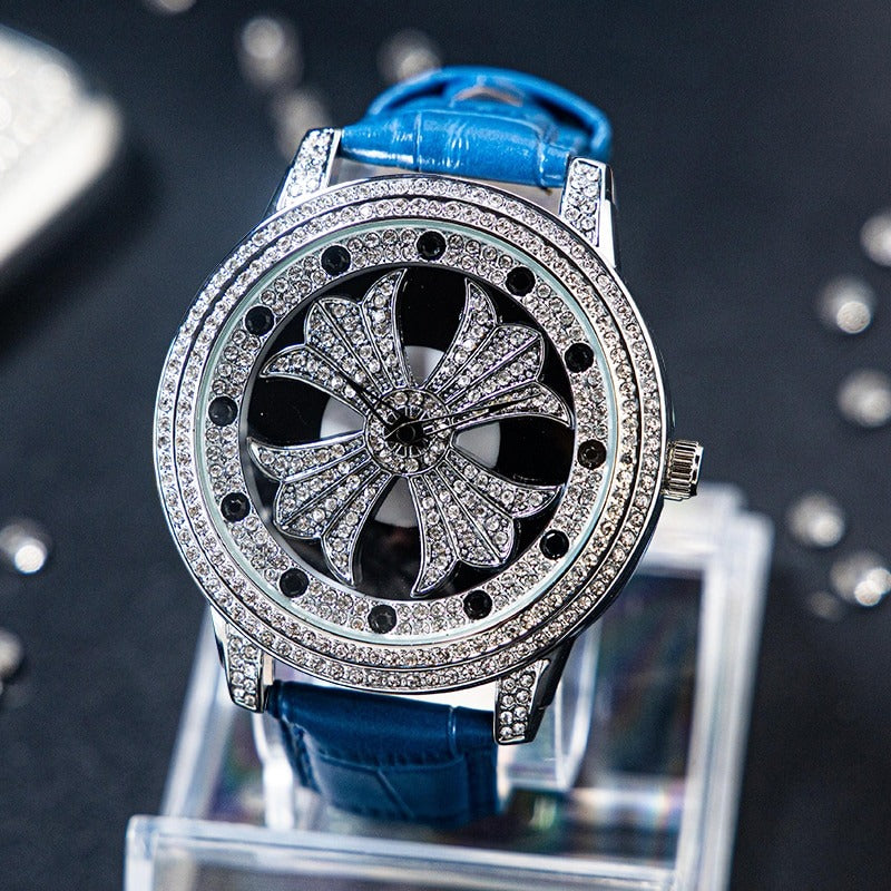 Dazzling Interstellar Rhinestone Bejeweled with Soft Vegan Leather Strap Quartz Watches