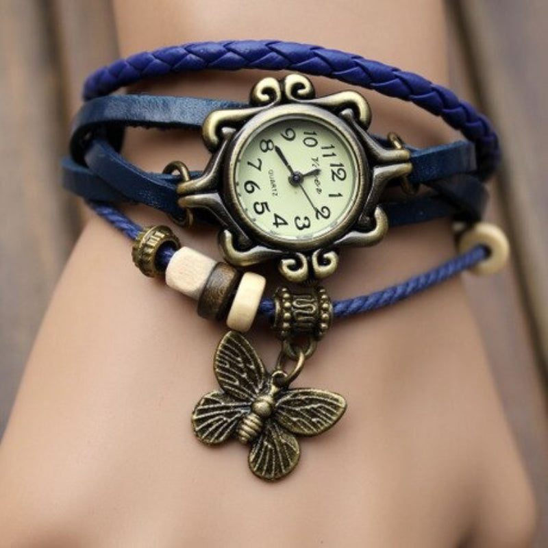 Vintage Style Wrap Around Vegan Leather Quartz Watches with Butterfly Charm
