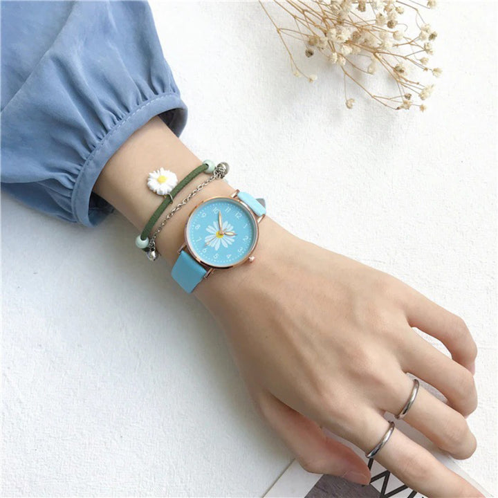 Summer Fashion Daisy Flower with Vegan Leather Quartz Watches