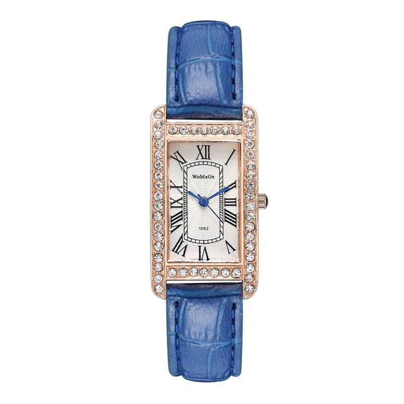 Retro-Chic Rhinestone Accented Vegan Leather Band Quartz Watches