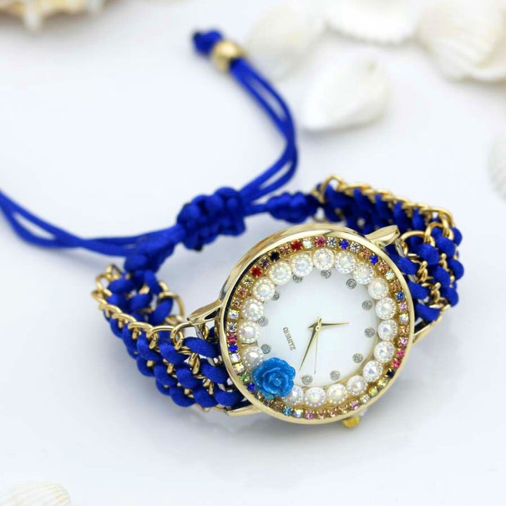 Adjustable Handmade Colorful Rhinestone Flower Dial Quartz Watches