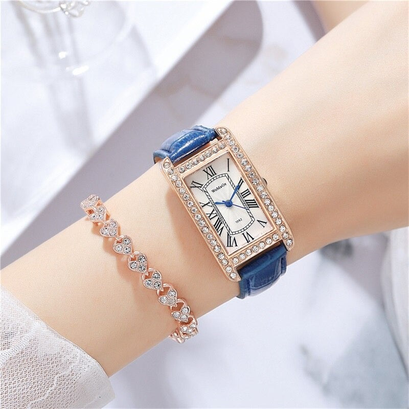 Retro-Chic Rhinestone Accented Vegan Leather Band Quartz Watches