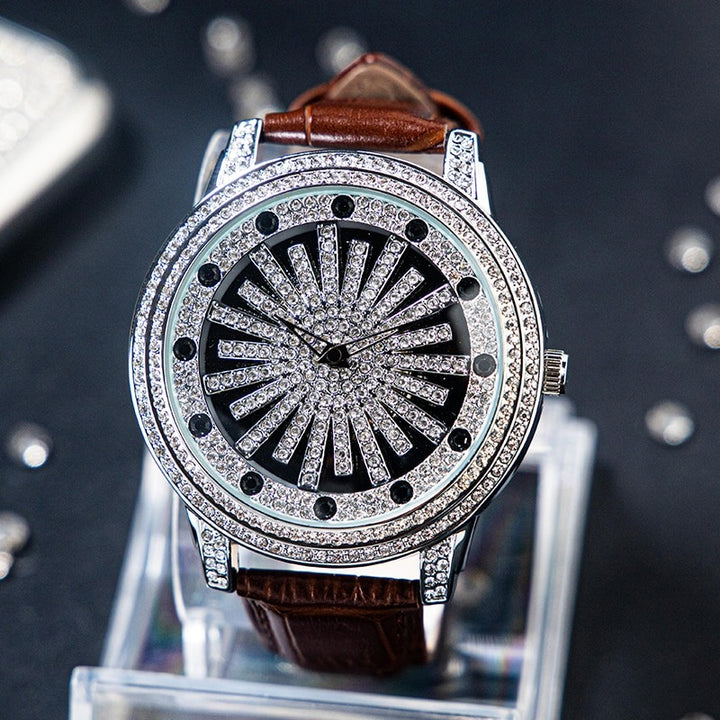 Dazzling Interstellar Rhinestone Bejeweled with Soft Vegan Leather Strap Quartz Watches