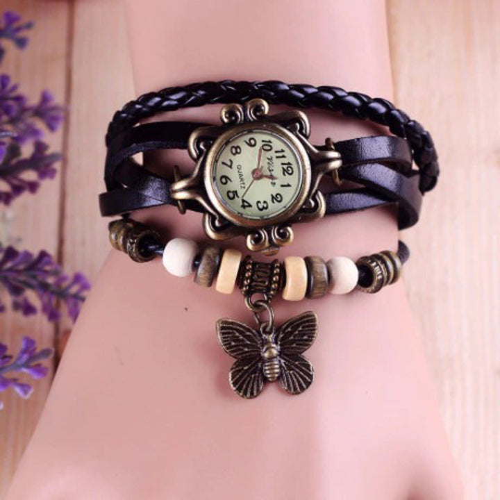 Vintage Style Wrap Around Vegan Leather Quartz Watches with Butterfly Charm