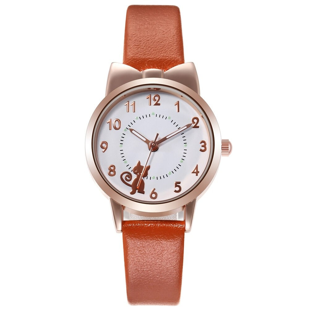 Cute Cat Pattern Bowknot Style Dial Vegan Leather Strap Quartz Watches