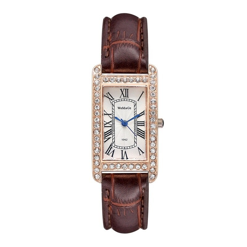 Retro-Chic Rhinestone Accented Vegan Leather Band Quartz Watches