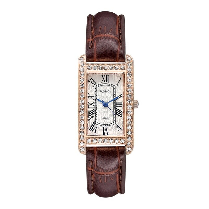 Retro-Chic Rhinestone Accented Vegan Leather Band Quartz Watches