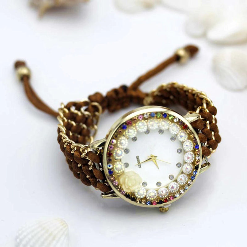 Adjustable Handmade Colorful Rhinestone Flower Dial Quartz Watches