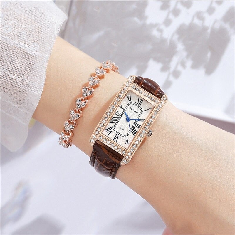 Retro-Chic Rhinestone Accented Vegan Leather Band Quartz Watches