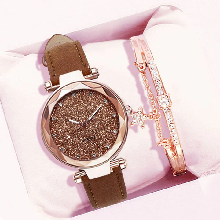 Glittering Starry Sky Fashion with Vegan Leather Strap Quartz Watches