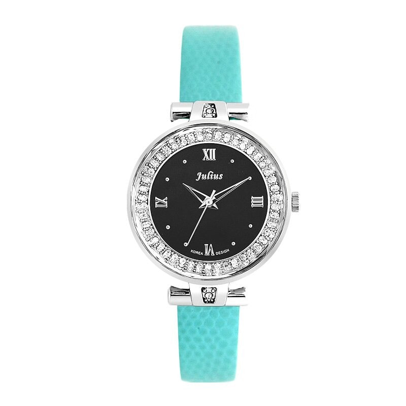 Rhinestone Embellished Dial with Slender Vegan Leather Strap Quartz Watches