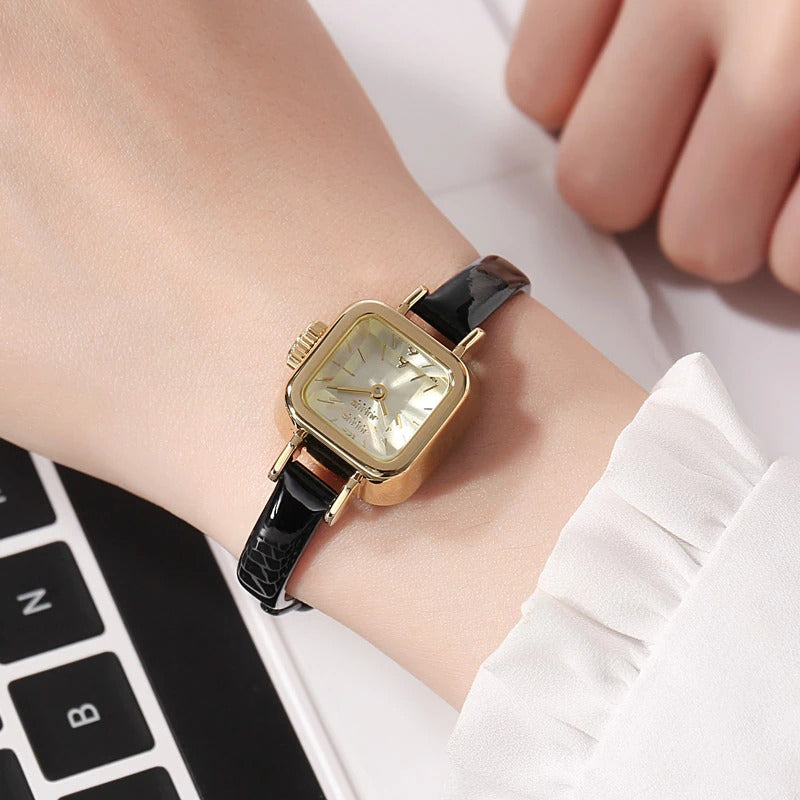 Cute Vintage Square Case with Thin Vegan Leather Band Quartz Watches