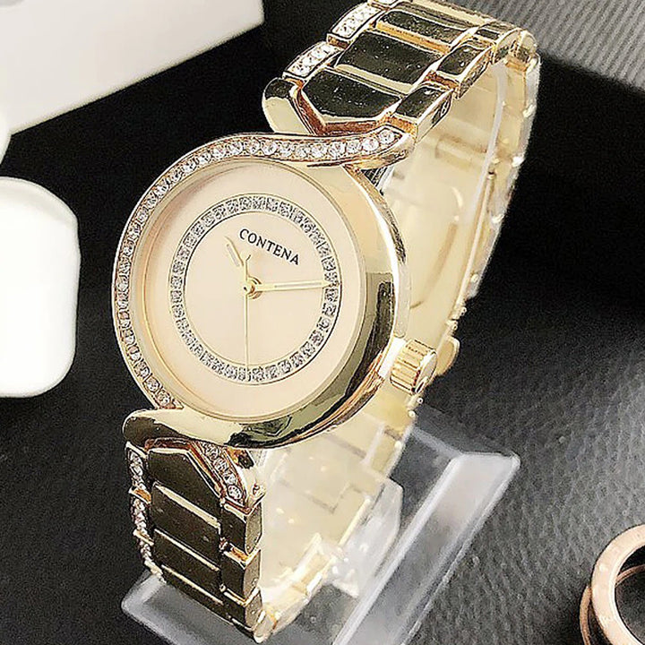 Stainless Steel Rhinestone Bejeweled Round Case Quartz Watches