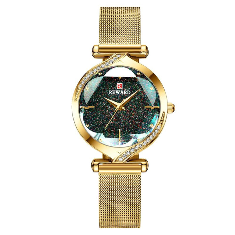 Petal Shaped Glass with Shiny Rhinestone Inlay Dial Quartz Watch