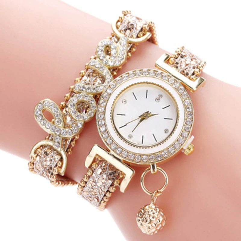 Sparkling Rhinestone Studded Love Heart Fashion Bracelet Quartz Watches