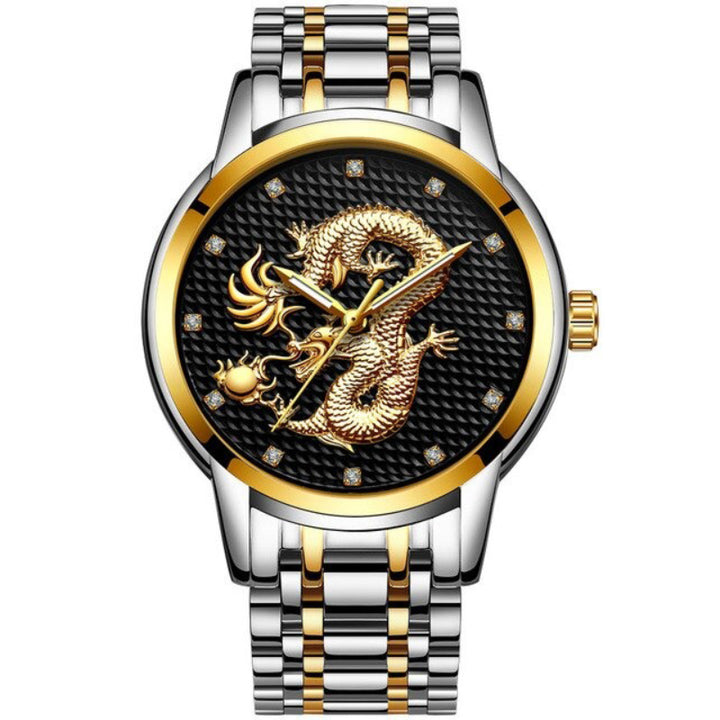 Golden Dragon with Rhinestone Accented Dial in Stainless Steel Strap Quartz Watches