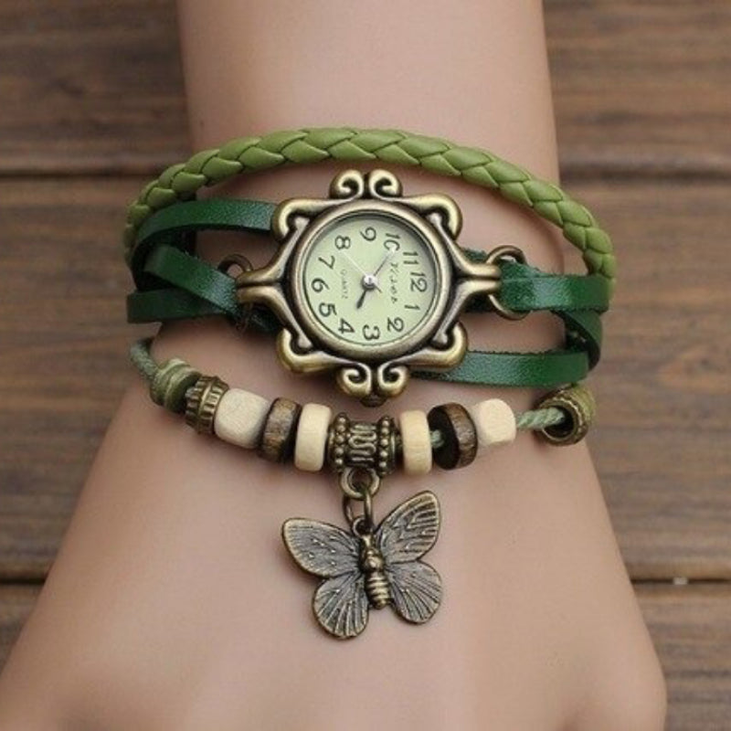 Vintage Style Wrap Around Vegan Leather Quartz Watches with Butterfly Charm