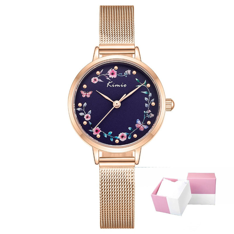 Sweet Bloom Flowers and Butterfly Adorned Mesh Band Quartz Watches