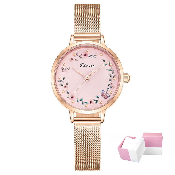 Sweet Bloom Flowers and Butterfly Adorned Mesh Band Quartz Watches