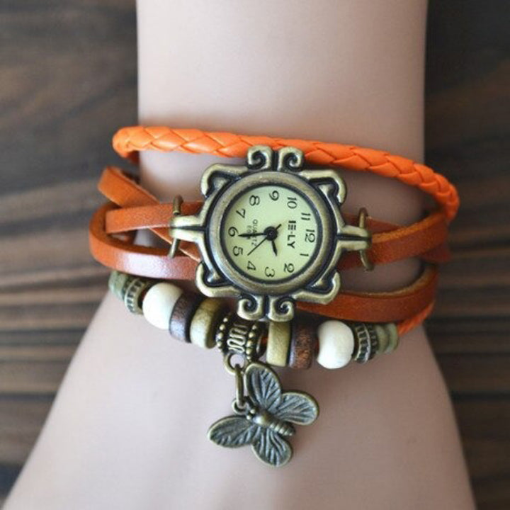 Vintage Style Wrap Around Vegan Leather Quartz Watches with Butterfly Charm