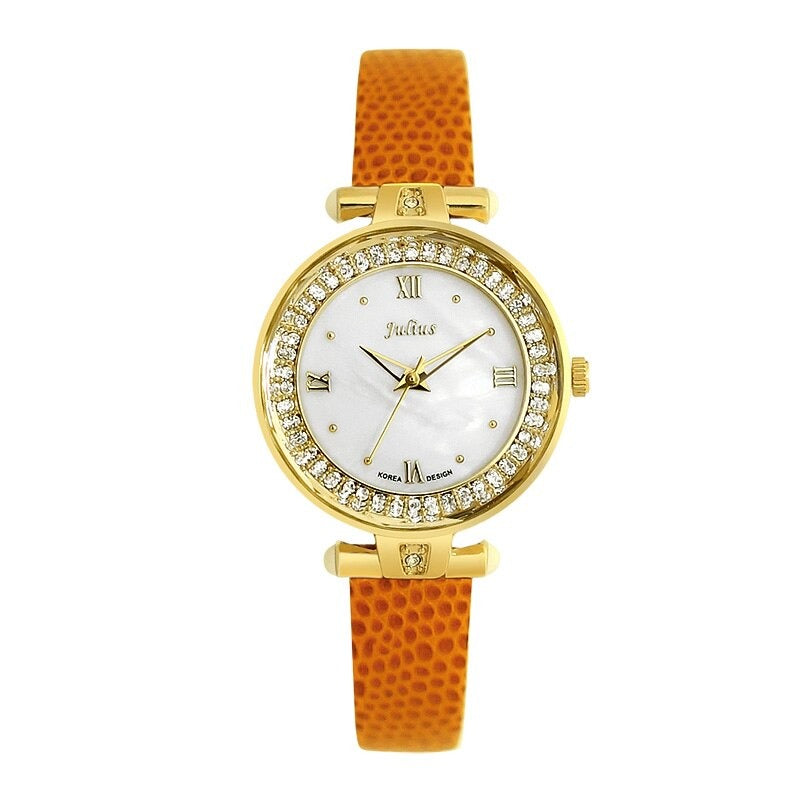 Rhinestone Embellished Dial with Slender Vegan Leather Strap Quartz Watches