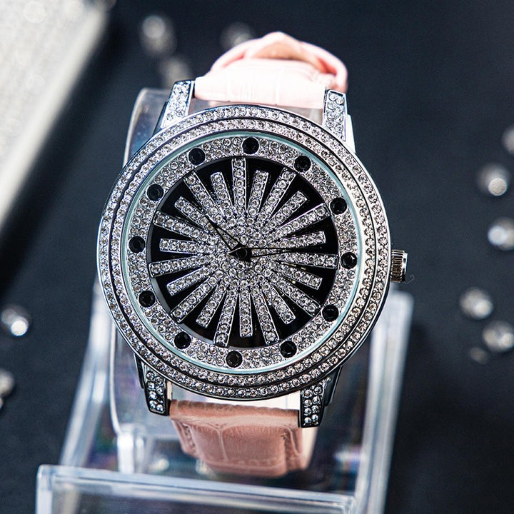 Dazzling Interstellar Rhinestone Bejeweled with Soft Vegan Leather Strap Quartz Watches