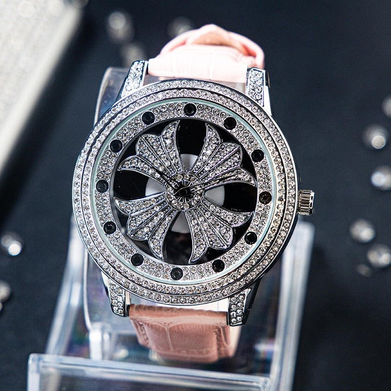 Dazzling Interstellar Rhinestone Bejeweled with Soft Vegan Leather Strap Quartz Watches