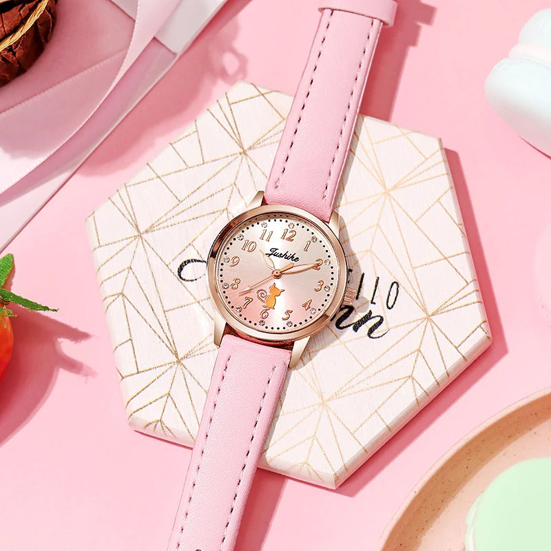 Pretty Cat Pattern Dial Vegan Leather Strap Quartz Watches