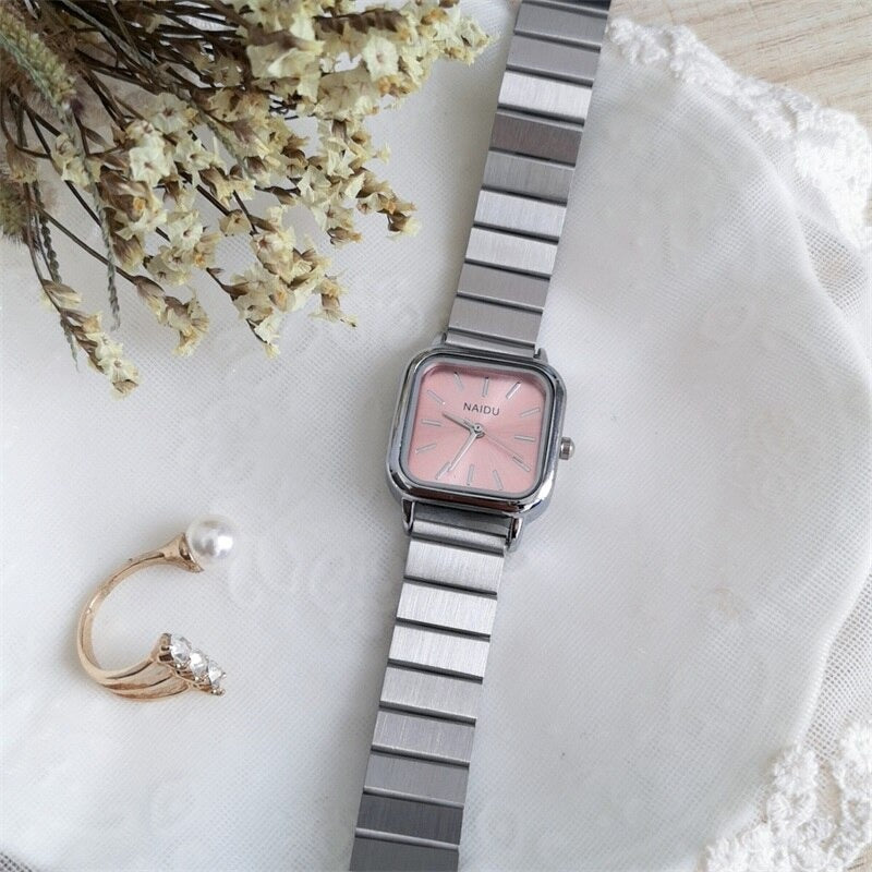 Classic Stainless Steel Numberless Square Case Quartz Watches