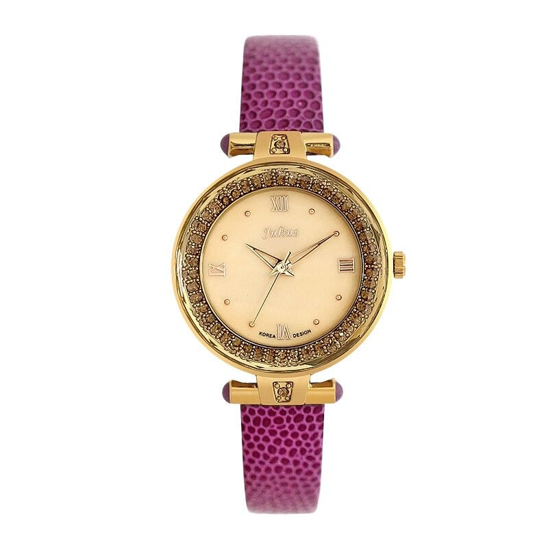 Rhinestone Embellished Dial with Slender Vegan Leather Strap Quartz Watches