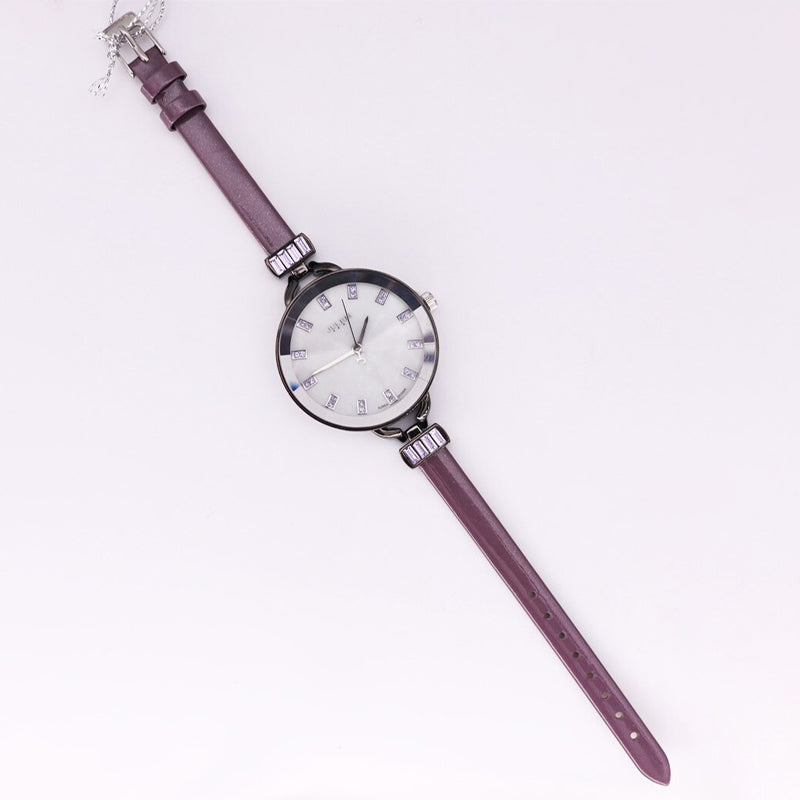 Flounce Rhinestone Big Round Dial with Ultra-Thin Vegan Leather Strap Quartz Watches