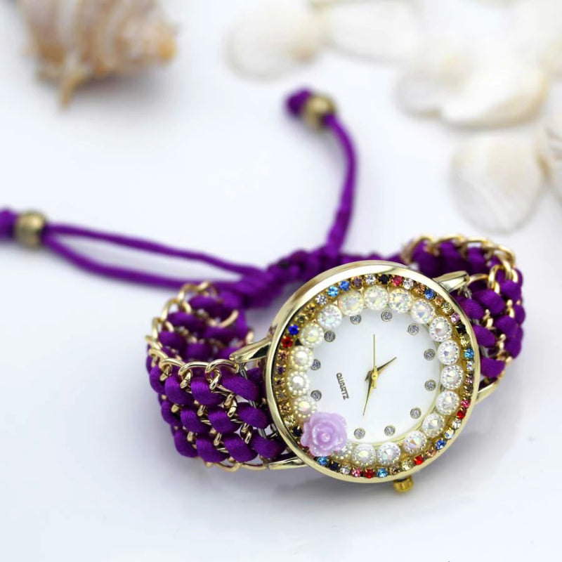 Adjustable Handmade Colorful Rhinestone Flower Dial Quartz Watches