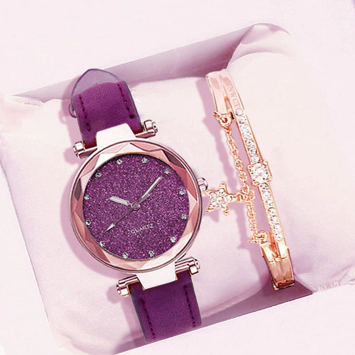 Glittering Starry Sky Fashion with Vegan Leather Strap Quartz Watches