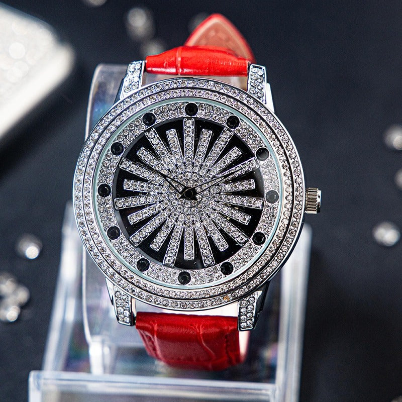 Dazzling Interstellar Rhinestone Bejeweled with Soft Vegan Leather Strap Quartz Watches