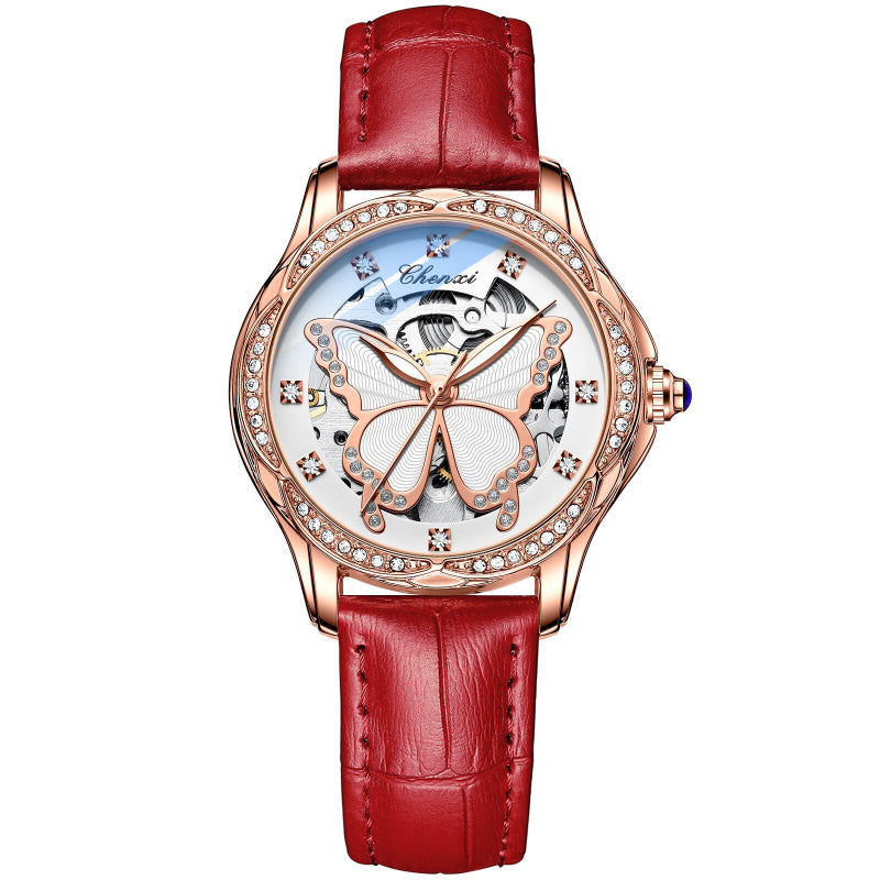 Rhinestone Embellished Hollow Butterfly Dial Automatic Watches