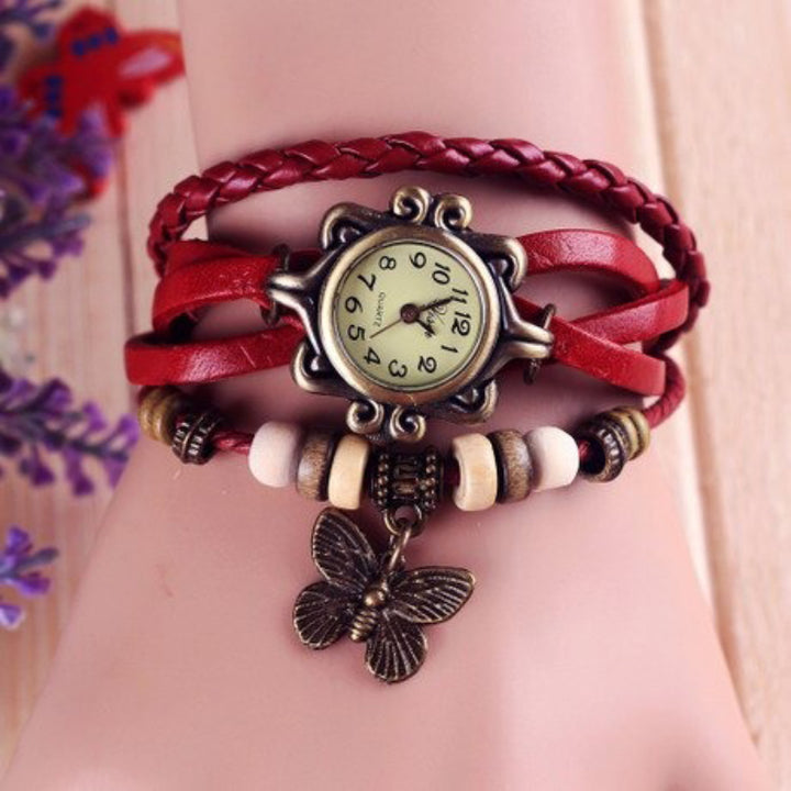 Vintage Style Wrap Around Vegan Leather Quartz Watches with Butterfly Charm