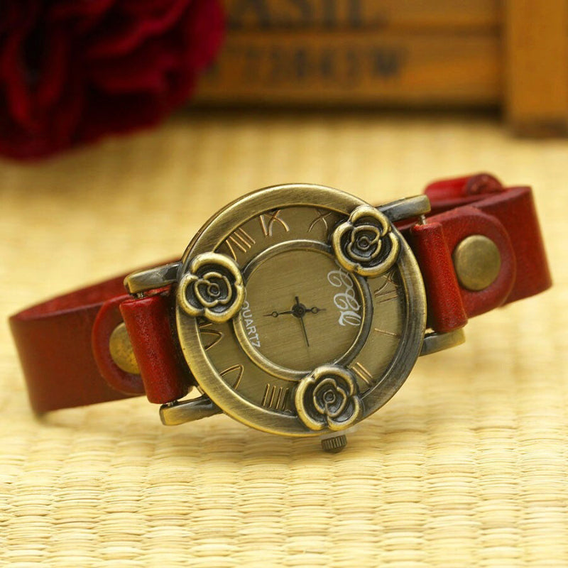 Antique Rose Dial Genuine Leather Strap Quartz Watches