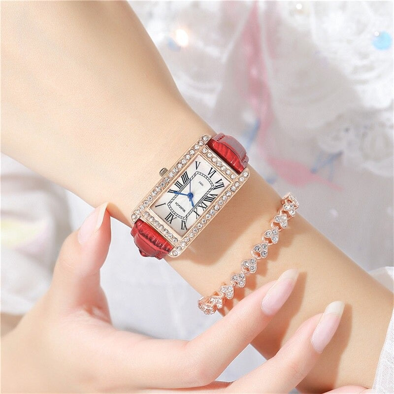 Retro-Chic Rhinestone Accented Vegan Leather Band Quartz Watches