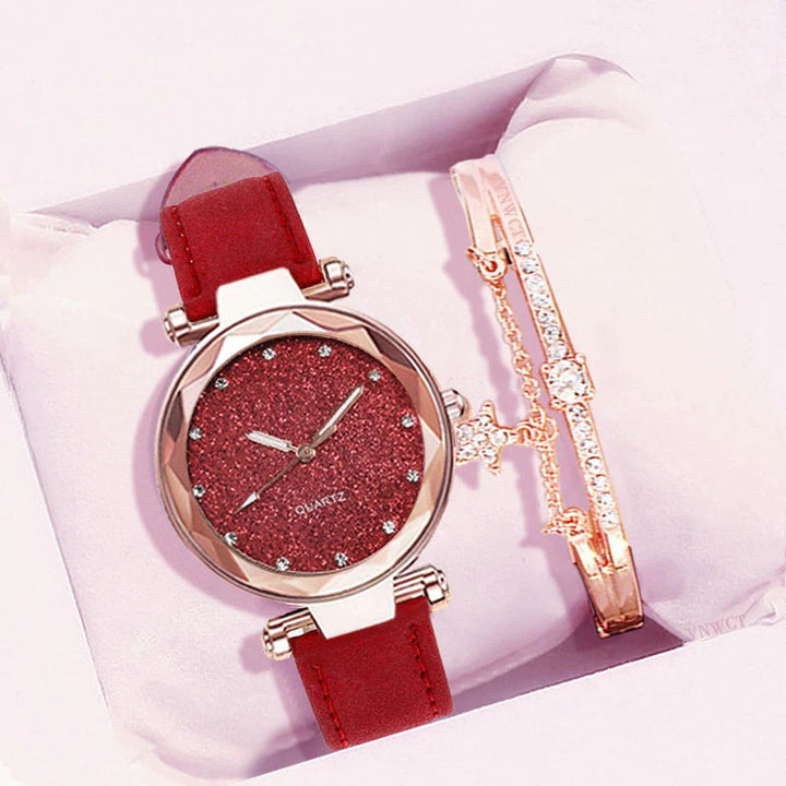 Glittering Starry Sky Fashion with Vegan Leather Strap Quartz Watches