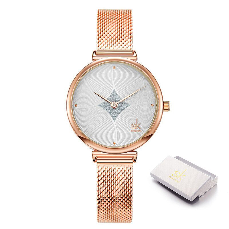 Delicate Curved Glitter Embellished Dial with Steel Mesh Strap Quartz Watches