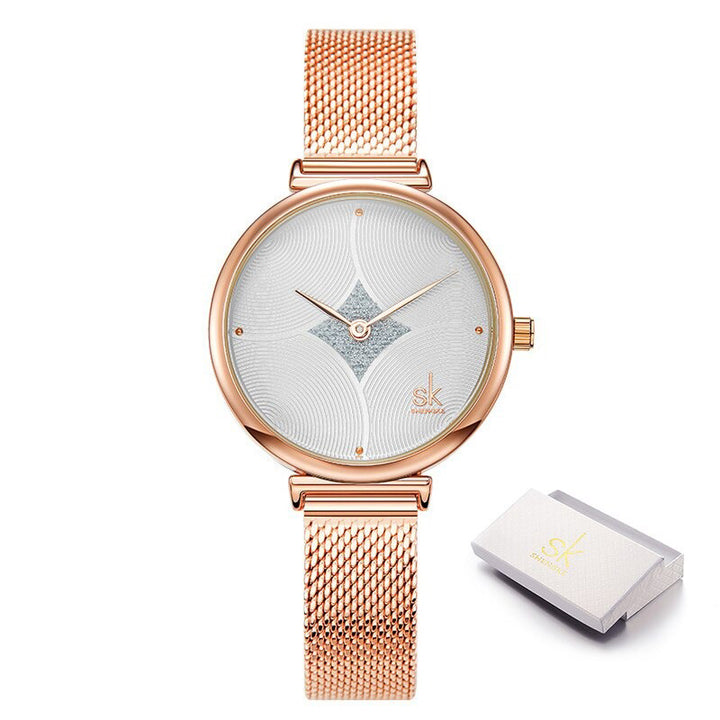 Delicate Curved Glitter Embellished Dial with Steel Mesh Strap Quartz Watches