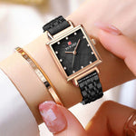 Smooth Solid Stainless Steel Band Rhinestone Square Case Dial Quartz Watches